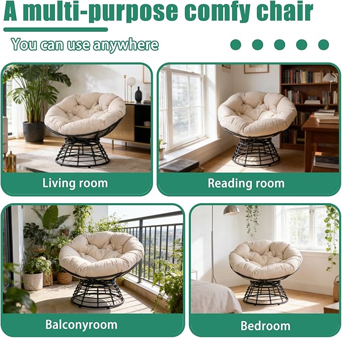 43 Ergonomic 360° Swivel Papasan Chair Wicker Round Chair with Thick Cushion Lounge Chair for Living Room Bedroom Reading Nook Indoor Outdoor Use (Black + Light Gray)
