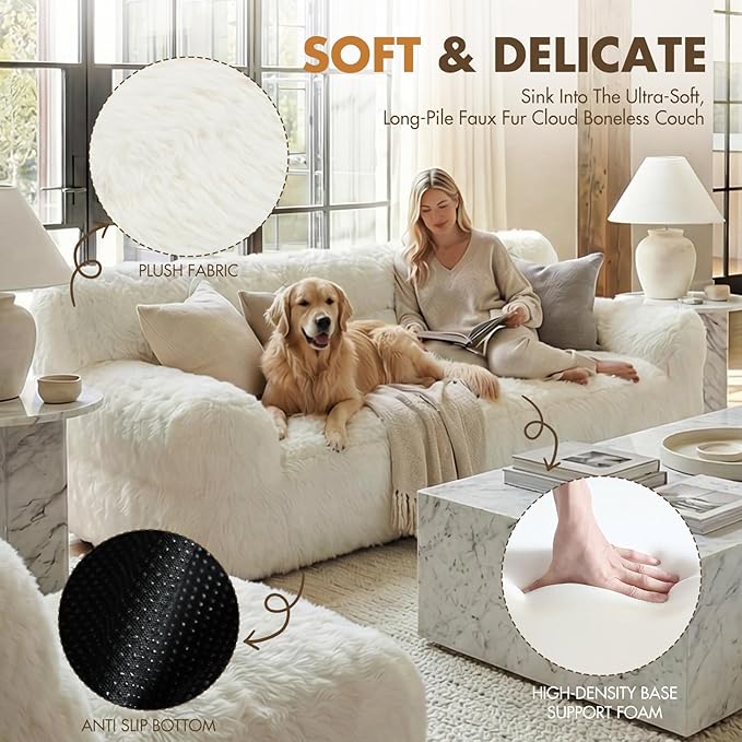 White Compressed Couch 70 2-Seater Fluffy Faux Fur Boneless Loveseat Sofa with Memory Foam for Living Rooms Bedrooms Apartments No Assembly Required | Plush faux fur Memory foam comfort Zero as