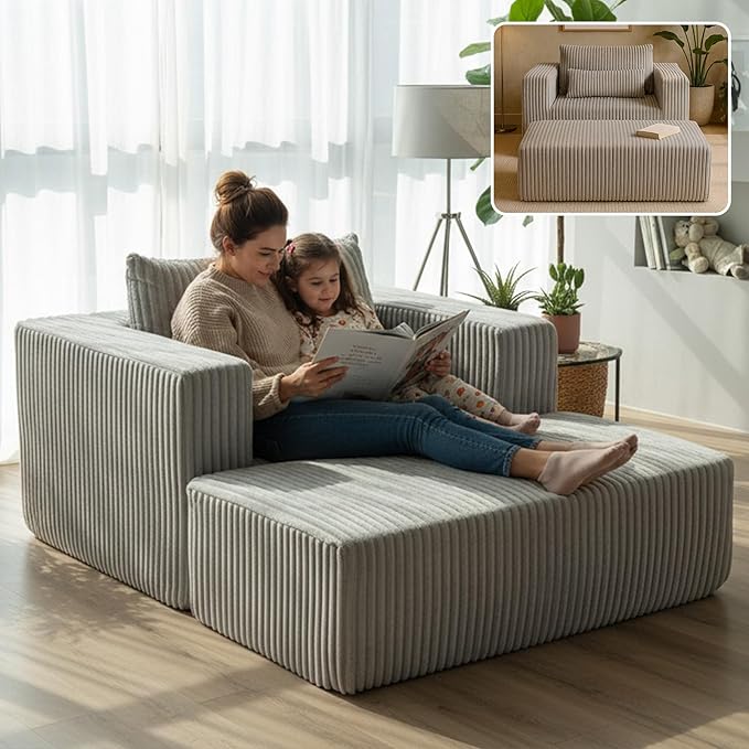 51” Oversized Boneless Chair with Ottoman Big Comfy Accent Chairs with Ottoman for Living Room Cloud Chaise Lounge Chair Indoor Plush Pillows|Corduroy (Light Grey)