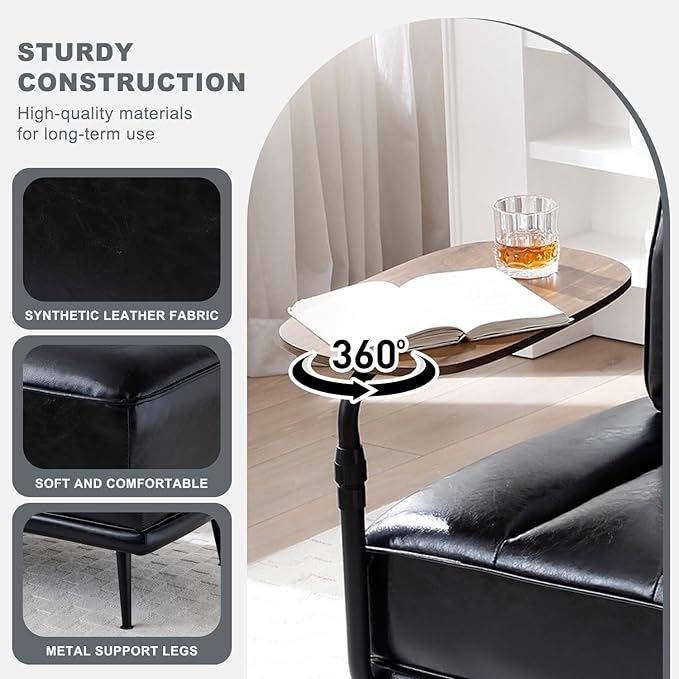 55 Faux Leather Upholstered Sofa Entryway Ottoman Modern End of Bed Bench with Side Table 360-degree Swivel Tray Couch Window Bench with Metal Legs for Bedroom Living Room (Black)