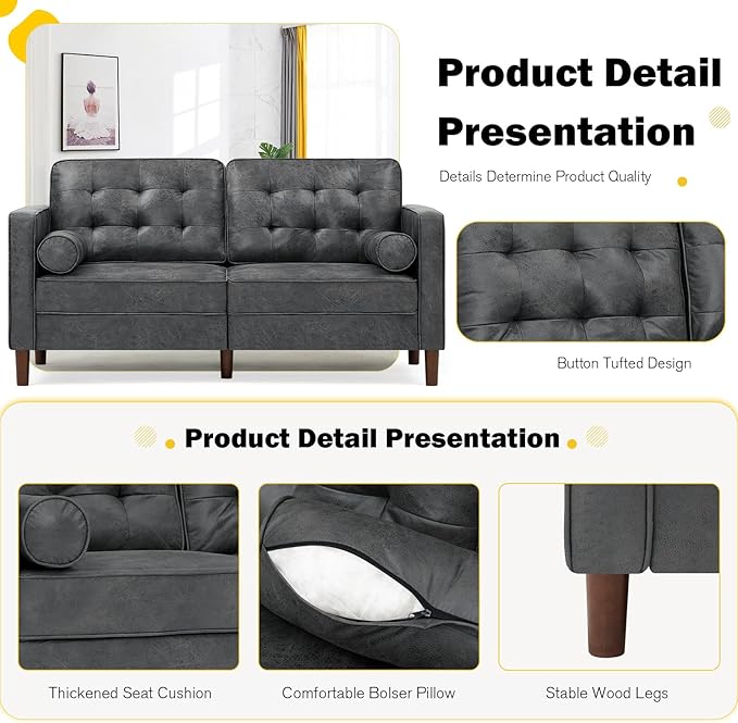 67 Suede Leather 2 Seater Sofa with Two Bolster Pillows Tufted Sofa with Wooden Legs Mordern Couch for Living Room Office Apartment Grey