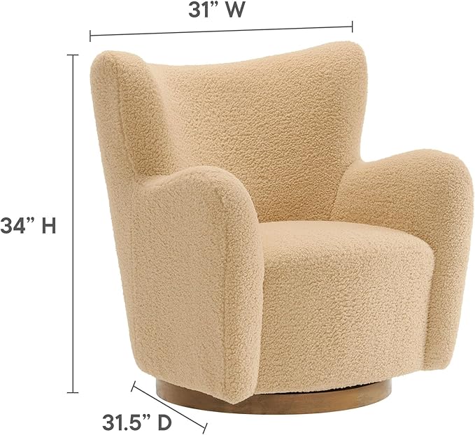 Modway Montrose Swivel Wingback Accent Chair in Ivory Walnut Sherpa Teddy Fabric – Modern Furry Barrel Chair with 360-Degree Swivel Base – Soft and Comfy Living Room Chair