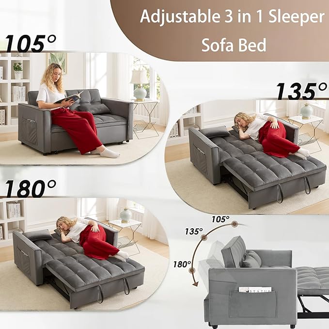 70 3-in-1 Velvet Sleeper Sofa Bed Convertible Pull Out Couch w/Adjustable Back Armrests &amp Storage. Modern Black Futon for Living Room Bedroom Small Space - 2 Pillows Included Grey
