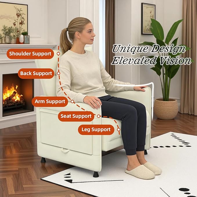 Faux Leather Accent Chair Sofa for Living Room with Flip-Up Tray Table Side Pocket Ergonomic Soft Backrest &amp Elastic CushionBeige