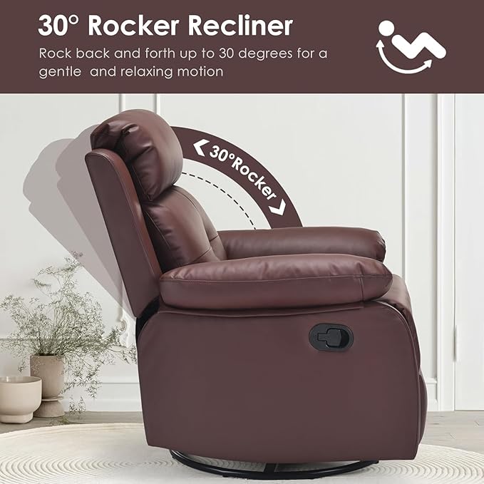 Swivel Rocker Recliner 360 Swivel Small Recliners with 30 Degree 90-150 Degree Angle Faux Leather Lift Chair for Home Theater Seating Adults Living Room Bedroom Brown