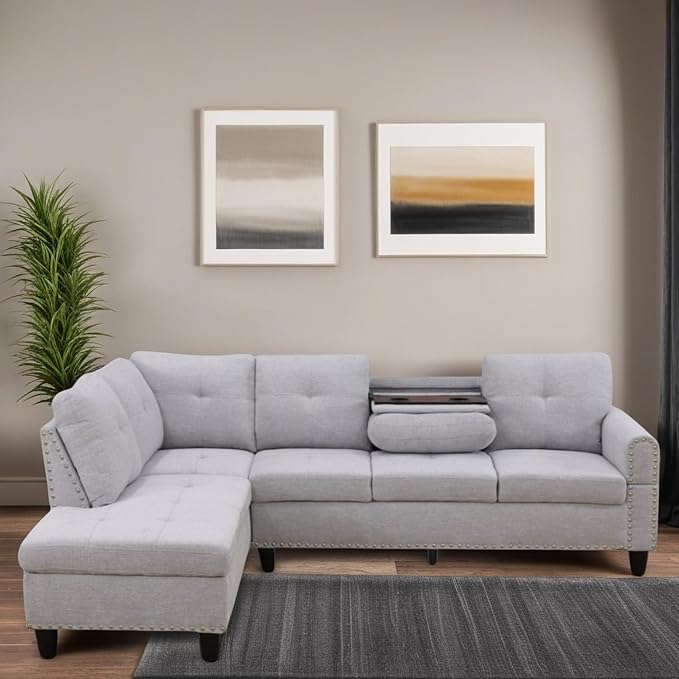 FONTOI L Shaped Sectional Couches for Living Room 4-Seat Modern Modular Sofa with Cup Holders &amp Nail-Head Trim Comfy Couch with Chaise for Office/Bedroom/Apartment Grey White