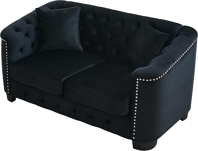 KEIKI 59 Chesterfield Sofa 2 Seater Retro Velvet Couch with Nailhead Arms Tufted Backrests 2 Cushions for Living Room Bedroom Office Apartment Black