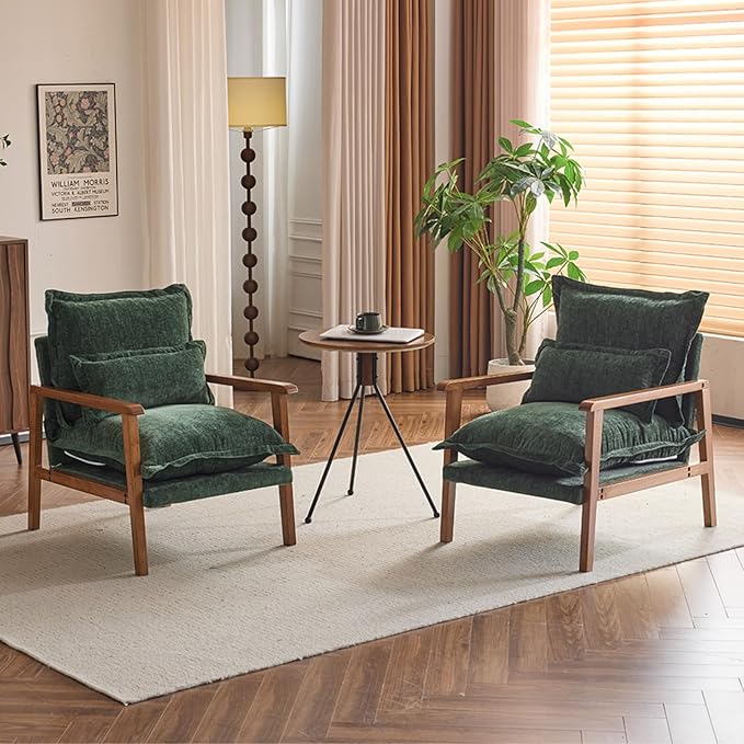 Karl home Midcentury Accent Chair for Living Room Chenille Upholstered Lounge Armchair with Lumbar Pillow Ruffle-Designed Cozy Reading Chair with Wood Legs Dark Green