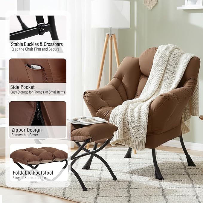 Lazy Chair with Ottoman Modern Accent Chairs with Folding Footrest Dark Brown Sofa Chair Set Comfortable Reading Chairs Oversized Armchairs for Bedroom Study Living Room Courtyard