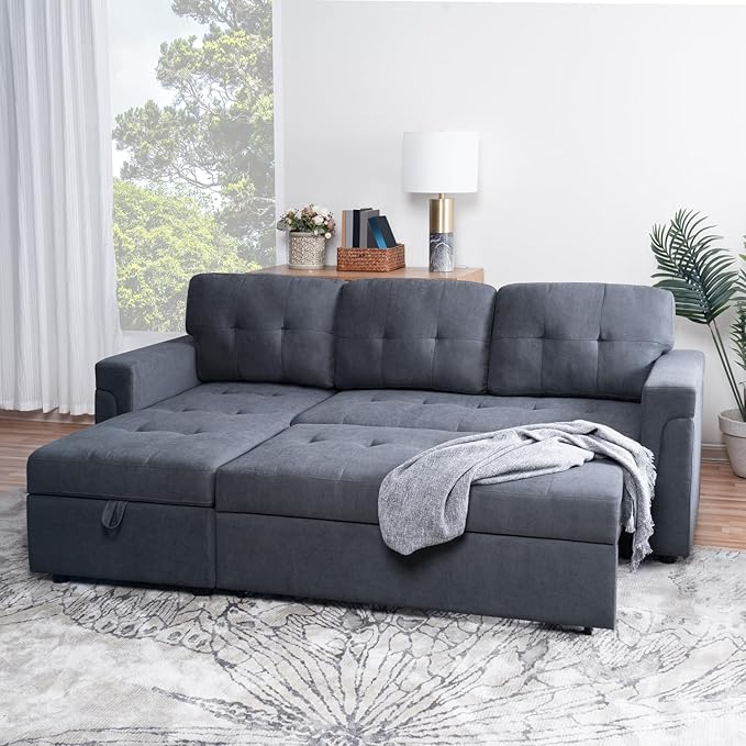 Multifunctional Sectional Sofa with Pull-Out Sleeper Bed &amp Hidden Storage – Reversible Chaise Dark GrayVelvet – Space-Saving Durable Stylish &amp Easy DIY Assembly for Apartments &amp Small H