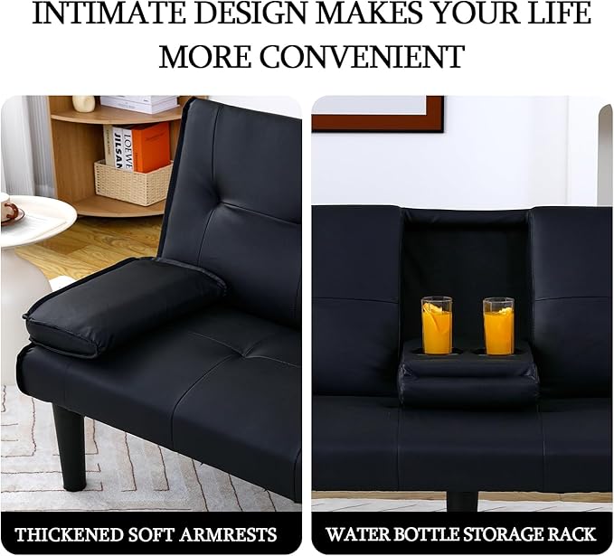 Convertible Folding Futon Sofa Bed Sleeper Couch for Living Room Modern Faux Leather Upholstered Loveseat w/Removable Armrests Metal Legs 2 CupHolders Love Seat Sofa Bed for Small Spaces (Black i)