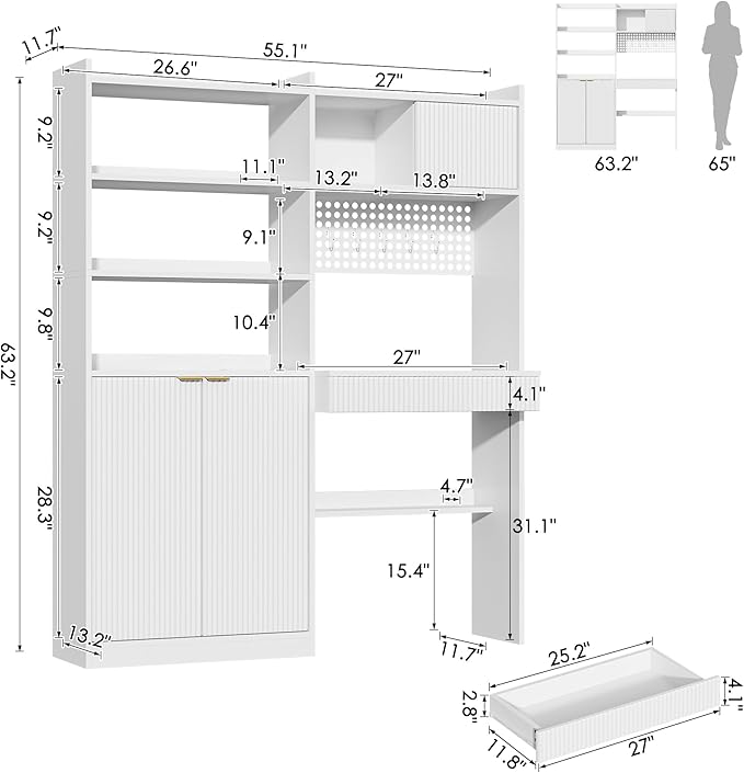 63 Tall Computer Desk with Hutch Fluted Wood Computer Desk Featuring Charging Station Drawer and Storage Cabinet for Home Office Work and Study (White)