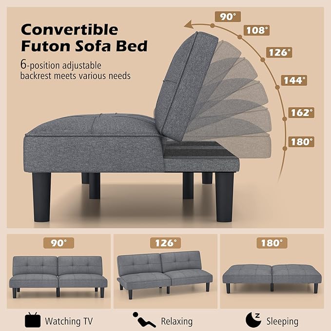 KOMFOTT Convertible Futon Sofa Bed Upholstered Folding Linen Sleeper Couch with 6-Position Adjustable Backrest Thick Cushion Adjustable Recliner Couch Bed Loveseat for Living Room Small Spaces