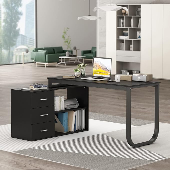 FUFU&ampGAGA 55.1 Large L-Shaped Office Desk with 41.3 File Cabinet Corner Computer Desk with 3 Drawers &amp 2 Shelves Workstation Executive Desk with Storage Shelf for Home Office - Black
