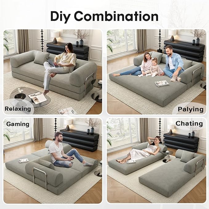 78.8 Modular Sofa Bed - 4-in-1 Convertible Design with Corduroy Fabric and High Density Sponge Removable Cover and Fixed Frame