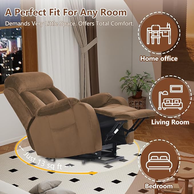 cinkehome Small Power Lift Recliner for Elderly Lift Chair Recliners Electric Recliner Chairs for Seniors Remote Control Adjustable Side Pocket (Velvet Brown)