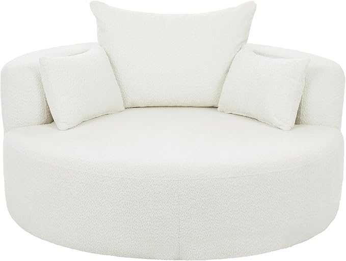 Oversized Round Swivel Chaise Modern 360°Swivel Barrel Chair with 3 Pillows Comfy Chenille Chaise Lounge Chair Indoor Single Cloud Circle Sofa for Living Room Bedroom Office (Beige)