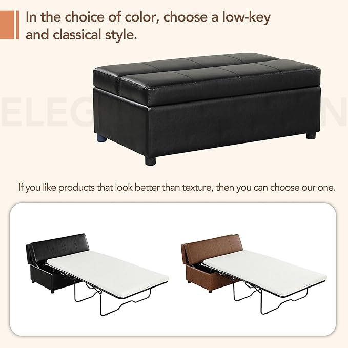 46 Ottoman Folding Bed Twin Size Convertible Ottoman Pull Out Bed with Memory Mattress Foldable Sofa Beds Dual Use Guest Sleeper Couch for Living Room Bedroom Guest Room RV (Black+PU)