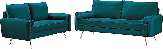 Kent Modern Loveseat European Style Velvet Living Room Furniture with Tapered Legs Vintage Flair and Sleek Design Love Seat Greenish Blue