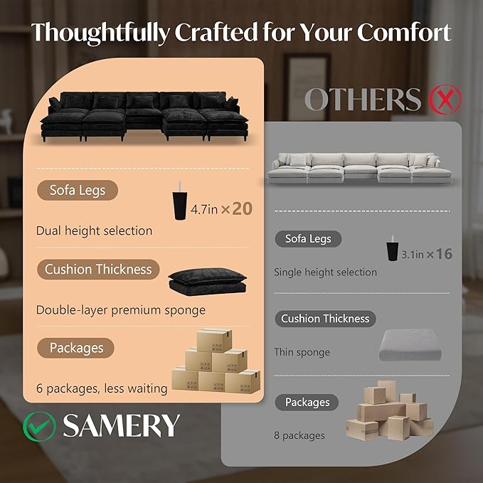 SAMERY 180.6 U Shaped Couch Cloud Sofa Modular Sectional Couch with 4 Large Ottomans 5 Seater Chenille Oversized Deep Seat Sectional Sofa with Pillows for Living Room Bedroom Apartment