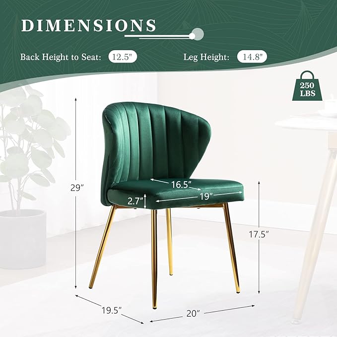 HULALA HOME Velvet Dining Chair Cute Armless Accent Chair Living Room Chair with Golden Legs Mid Century Modern Upholstered Side Chair for Kitchen Vanity Green
