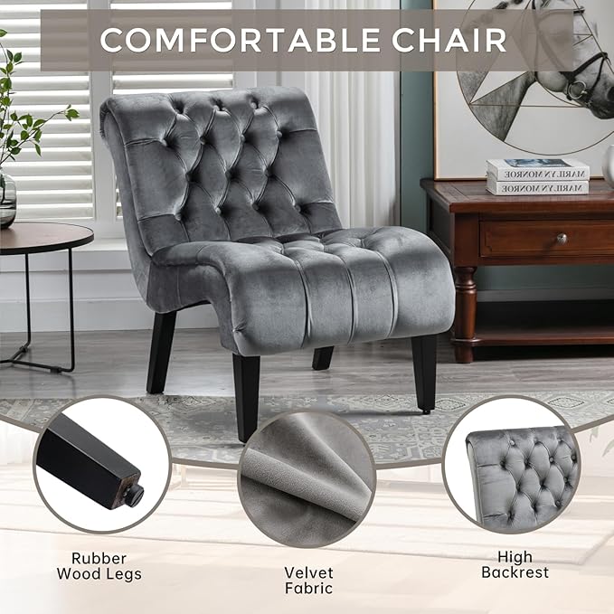 Modern Velvet Armless Accent Chair with Wooden Legs for Living Room Bedroom Office (Silver Velvet)