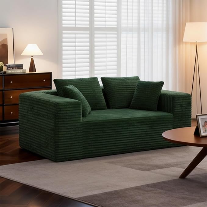 2-Seater Deep-Seat Corduroy Lounge Sleeper Sofa No Assembly Frameless Foam Cloud Couch Comfy Plush Double Seater for Living Room Bedroom Apartment Dorm Office（Green）
