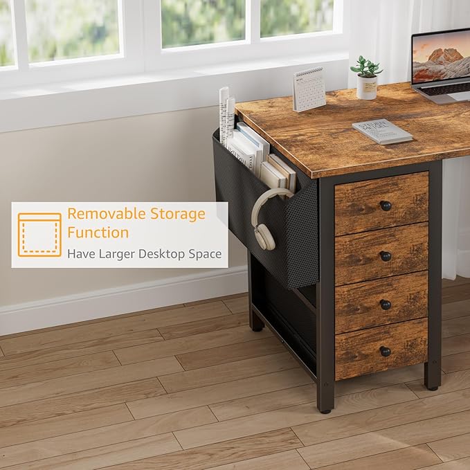 DLisiting L Shaped Computer Desk with Drawers - 47 Inch Corner Office Reversible Desk with Storage Shelves Power Outlet Home Office Desks L-Shaped with Fabric Drawer for Teen Girls Rustic Brown