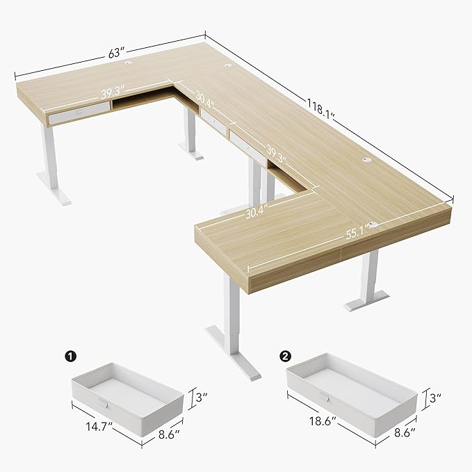 HUANUO U-Shaped Electric Standing Desk with Storage Drawers Adjustable Height Ergonomic Gaming Desk Large Sit Stand Up Desk with Power Strip Tray &amp Cable Grommets for Home Office Light Walnut