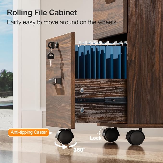 VINGLI 2 Drawer File Cabinet with Lock Wood Dark Brown File Cabinets for Letter Size File Folders with Tabs Under Desk Rolling Filing Cabinet for Home Office Mobile File Organizer Printer Stand
