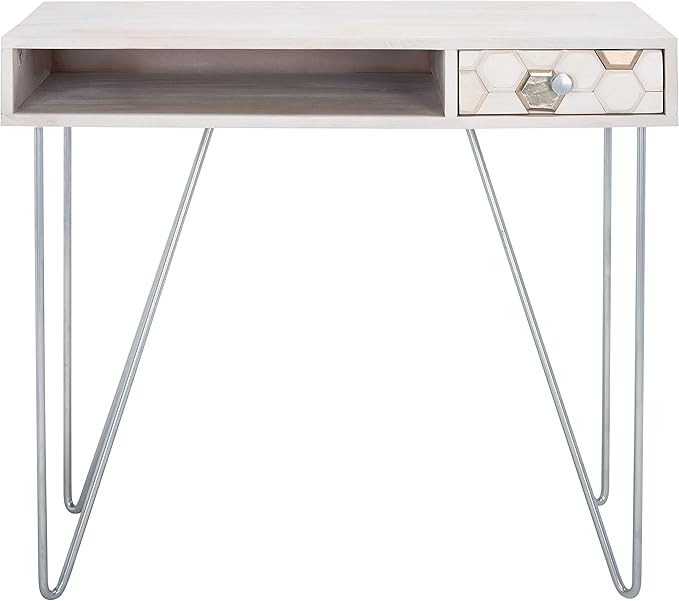 SAFAVIEH Home Office Collection Raveena White Wash and Silver 1-Drawer Hairpin Leg Desk