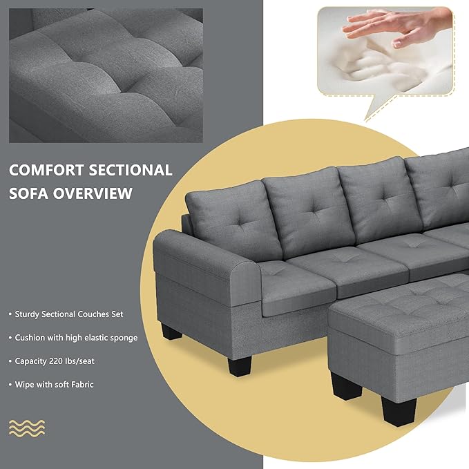 AWQM Upholstered L-Shape Modular Sectional Sofa Set with Storage Ottoman &amp Chaise Light Grey Fabric Living Room Furniture Comfy Oversized Corner Sofa Couch