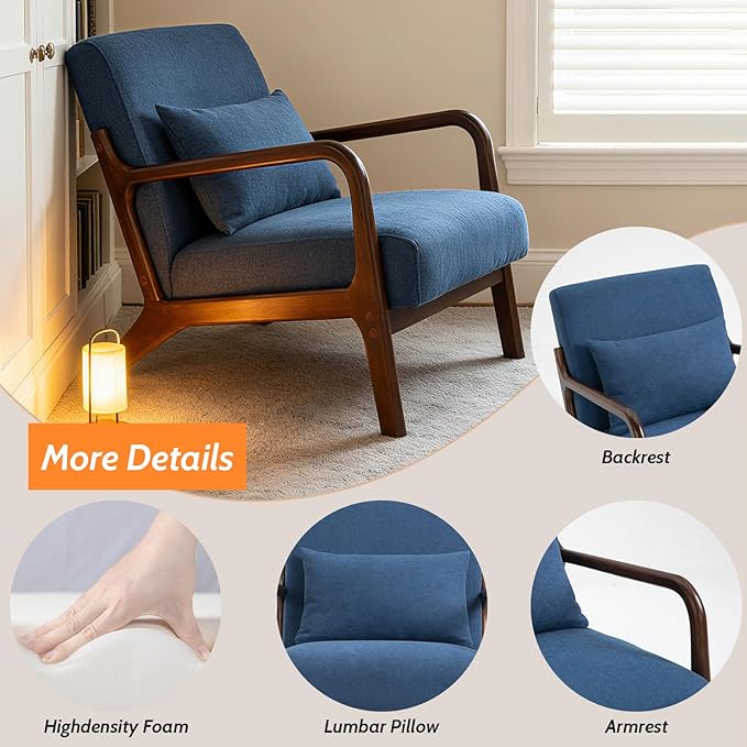 Modern Accent Chair Cotton Linen Fabric Upholstered Lounge Armchair with Solid Wood Frame for Living Room Bedroom Reading Nook (Blue)