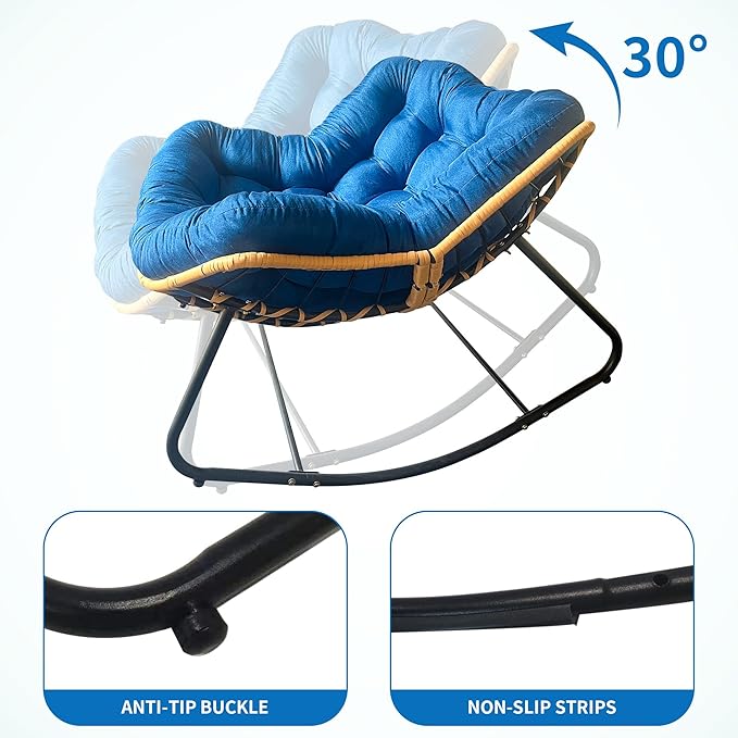 Outdoor Rocking Chair Patio Egg Rocking Chair Indoor Papasan Chair Rattan Wicker Lounge Chair Modern Royal Chair for Bedroom Living Room Porch GardenLawn-Beige (Blue)