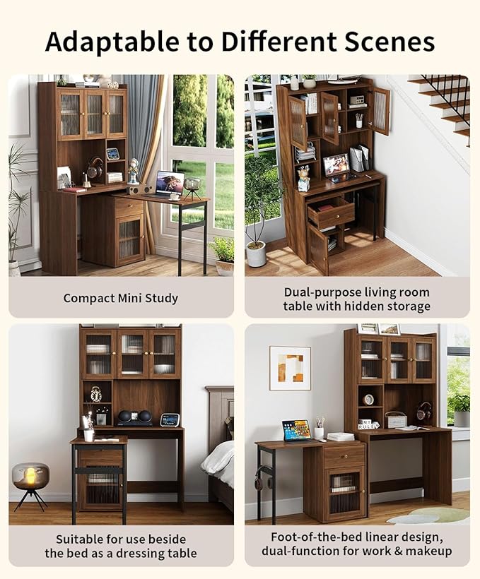 Computer Desk with 90 Degree Rotating Desktop Corner Home Office Desk with Storage Hutch and Drawers for Writing Gaming Bedroom Living Room Home Decor (Style-13)