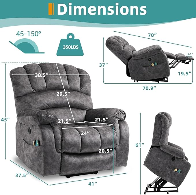 MEETWARM Large Power Lift Electric Recliner Chair with Extended Footrest for Elderly Big and Tall Lift Chair for Seniors Reclining Chair with Vibration Massage and Heated USB Ports(Plush-Grey)