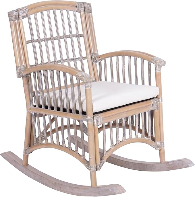 JONATHAN Y RCK200B Swayze Bohemian Farmhouse Woven Rattan/Wood Rocking Chair White Cushion with Gray/White Wash Frame for Home Living Room Bedroom Guestroom Foyer Library