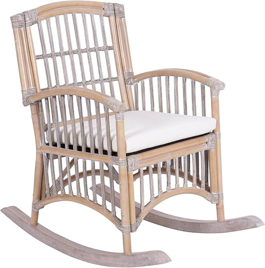 JONATHAN Y RCK200B Swayze Bohemian Farmhouse Woven Rattan/Wood Rocking Chair White Cushion with Gray/White Wash Frame for Home Living Room Bedroom Guestroom Foyer Library