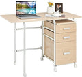 Tangkula Folding Computer Desk with 3 Storage Drawers Mobile Home Office Desk Study Writing Desk with Smooth Wheels Space Saving Compact Desk for Dorm Apartment Rolling Folding Desk Table