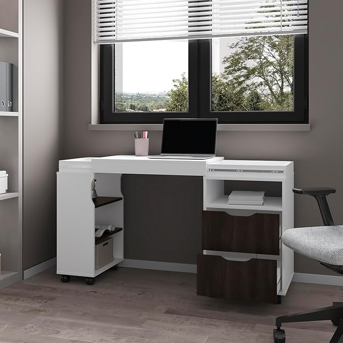 Multicolor Extendable Desk with Drawers &amp Open Shelves for Home Office or Workstation