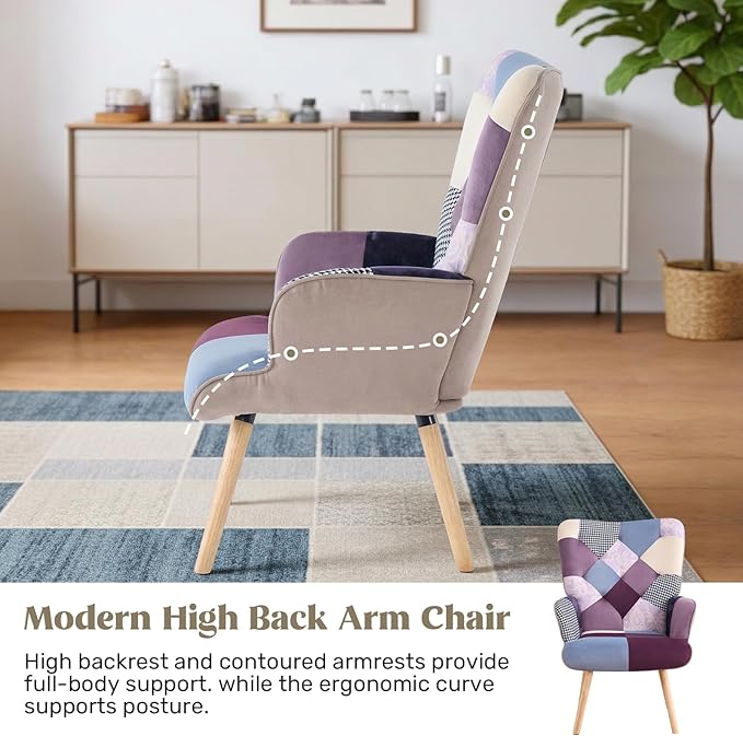 Joysoul Living Room Accent Chair Modern High Back Arm Chair Houndstooth Pattern Bohemian Style Chairs for Bedroom Waiting Room (Purple Plaid)