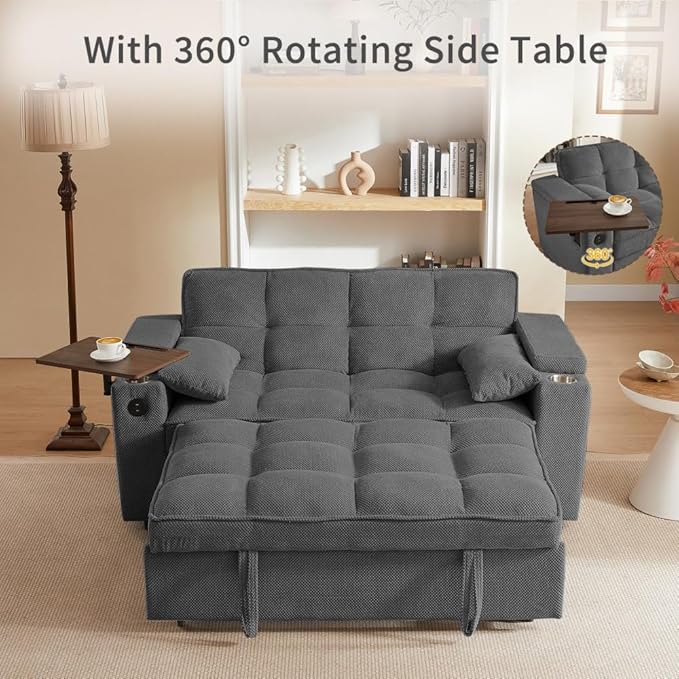 65'' Convertible Sleeper Sofa Bed with Adjustable Backrest Chaise Lounge Side Table &amp USB/Type-C Ports – Stylish &amp Functional Addition to Any Living Room (Dark Grey Sofa Bed)