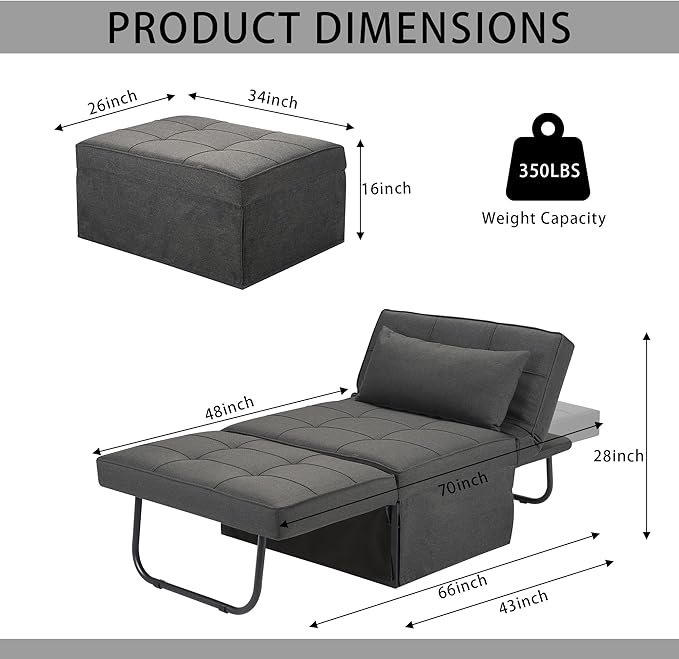 BIGSYY Sofa Bed Set of 4 in 1 Multi-Function Folding Ottoman Breathable Linen Couch Bed with Adjustable Backrest Modern Convertible Chair for Living Room Apartment Office Dark Grey
