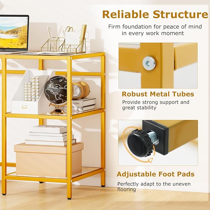 GOFLAME Computer Desk with Shelves 42” Home Office Desk with Metal Frame Tempered Glass Study Writing Table Modern Simple PC Desk for Living Room Bedroom (Golden)