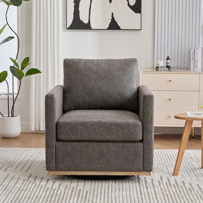360° Swivel Accent Chair Square Modern Comfy Chair with Metal Base &amp Thicked Cushion Upholstered Lounge Reading Armchair Cozy Cloud Sofa Chairs for Living Room Bedroom Office Club(PU Gray)