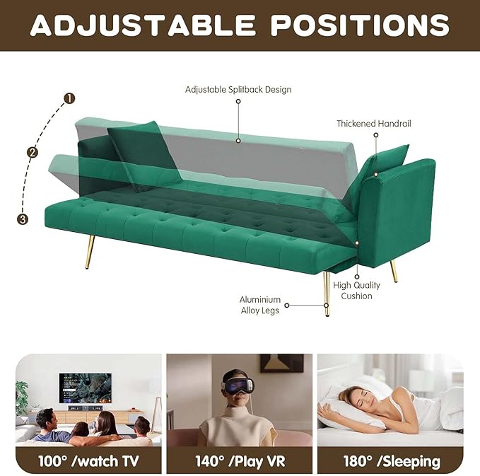 71Convertible Futon Sofa Bed - Modern Velvet Sleeper Couch with Adjustable Backrest Tufted Recliner with Golden Chrome Legs &amp 2 Pillows Perfect for Small Spaces Living Room &amp Apartment (Gr