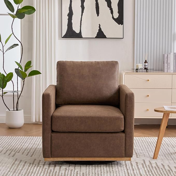360° Swivel Accent Chair Square Modern Comfy Chair with Metal Base &amp Thicked Cushion Upholstered Lounge Reading Armchair Cozy Cloud Sofa Chairs for Living Room Bedroom Office Club(PU Coffee