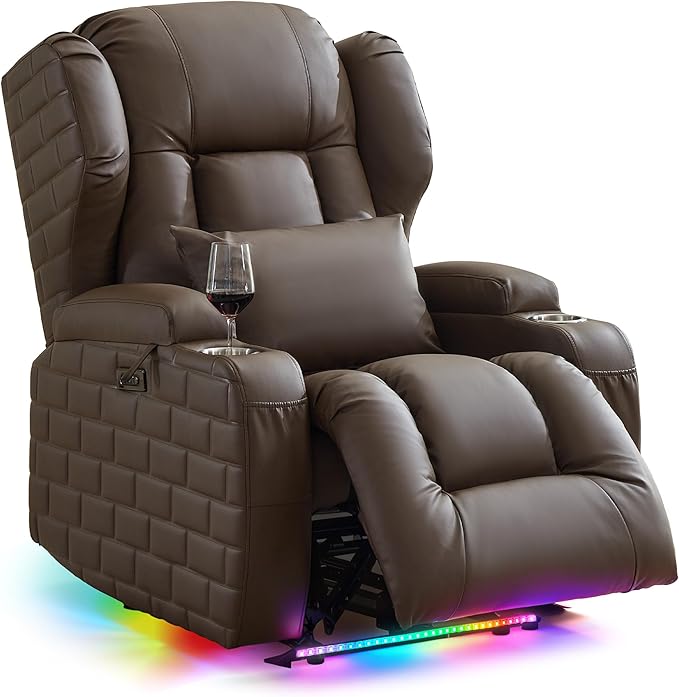 Wall Hugger Power Recliner Chair with Heat and Massage Overstuffed Reclining Sofa Chair for Living Room Home Theater RV with 3-Side LED Lights/Cup Holders/USB &amp Type C Port (Coffee)