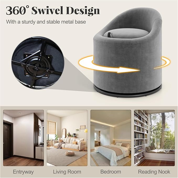 Giantex Swivel Accent Chair with Storage 360° Upholstered Vanity Chair with Backrest Velvet Modern Storage Ottoman Small Barrel Swivel Armchair for Bedroom Living Room No Assembly Grey