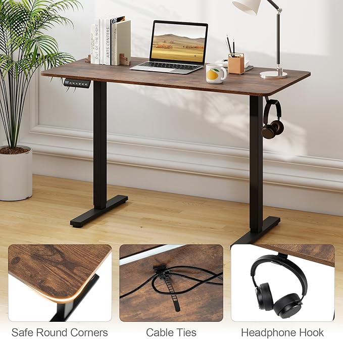 Tangkula 48” x 24” Electric Standing Desk Ergonomic Height Adjustable Sit to Stand Desk with 3 Memory Settings Anti-Collision Protection &amp Hook Computer Workstation for Home Office (Rustic Brow